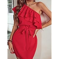 Summer Dresses for Women 2022 Layered Ruffle Trim One Shoulder Belted Dress Dresses for Women (Color : Red, Size : Small)