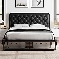 Feonase Full Size Bed Frame, Upholstered Platform Bed Frame with Heavy-Duty Steel Slats, Faux Leather Headboard, 12