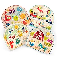 B. Toys- 4 Wooden Peg Puzzles- Dinosaurs, Sea Animals, Vehicles, Farm – Puzzles for Toddlers, Kids – 18 Months +