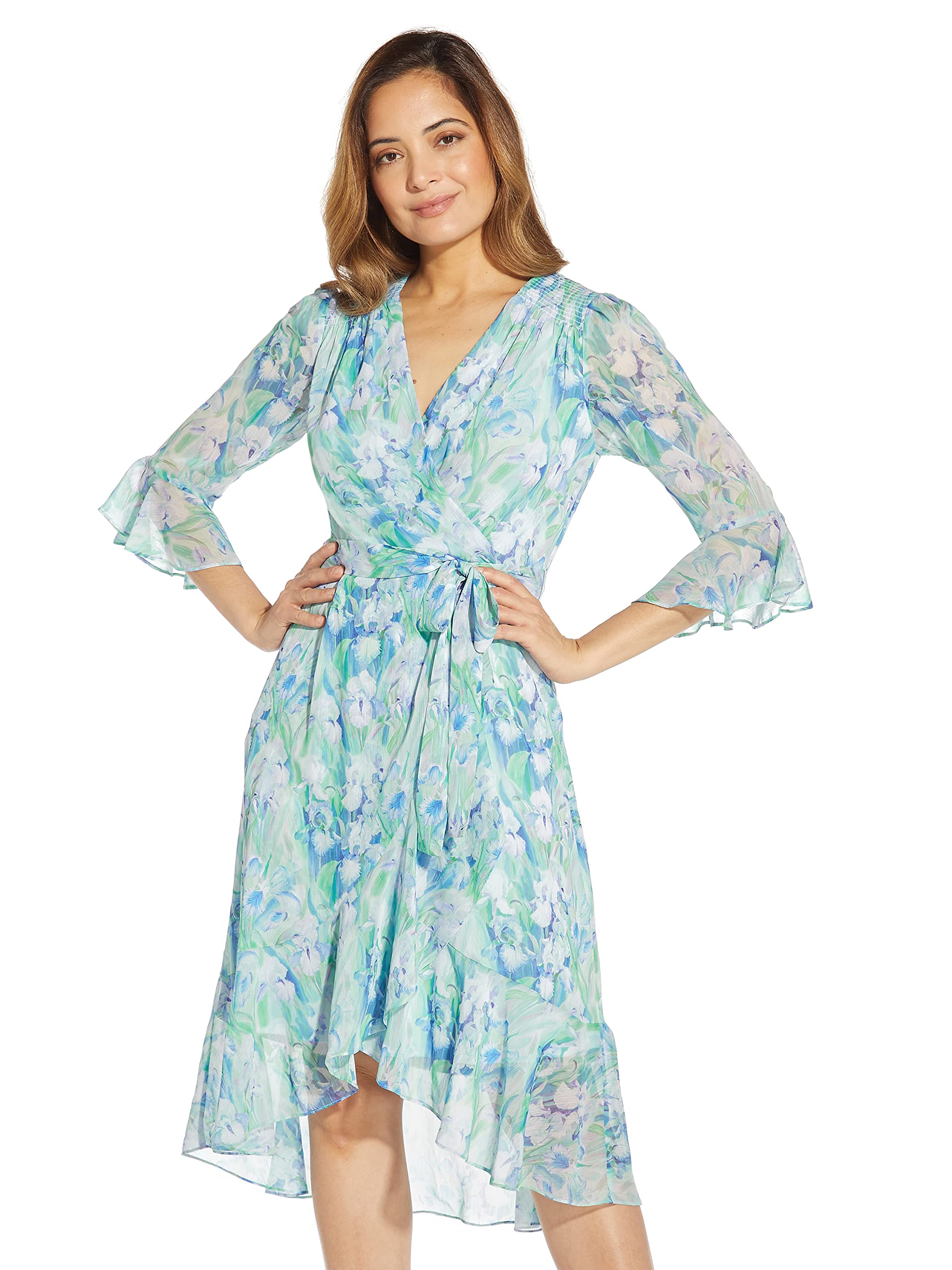 Adrianna Papell Women's Printed Chiffon Short Dress with Three Quarter Bell Sleeves