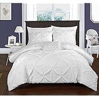 Chic Home 4 Piece Daya Pinch, Ruffled and Pleated Complete Queen Duvet Cover Set White Shams and Decorative Pillows Included