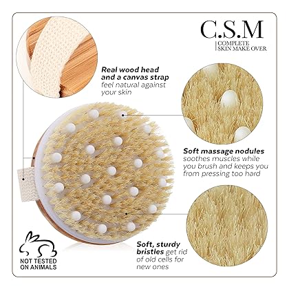 CSM Dry Body Brush for Beautiful Skin - Solid Wood Frame & Boar Hair Exfoliating Brush to Exfoliate & Soften Skin, Improve Circulation, Stop Ingrown Hairs, Reduce The Appearance of Acne and Cellulite