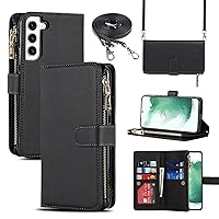 Jaorty Samsung Galaxy S22 5G Wallet Case,[9 Card Slots] Removable Adjustable Crossbody Necklace Lanyard Shoulder Strap Zipper Magnetic Leather Case for Samsung Galaxy S22 5G,6.1 inch Black