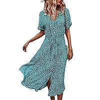 SOLY HUX Womens Summer Dress Casual Ditsy Floral Tie Front Button Up Boho Midi Tshirt Dresses