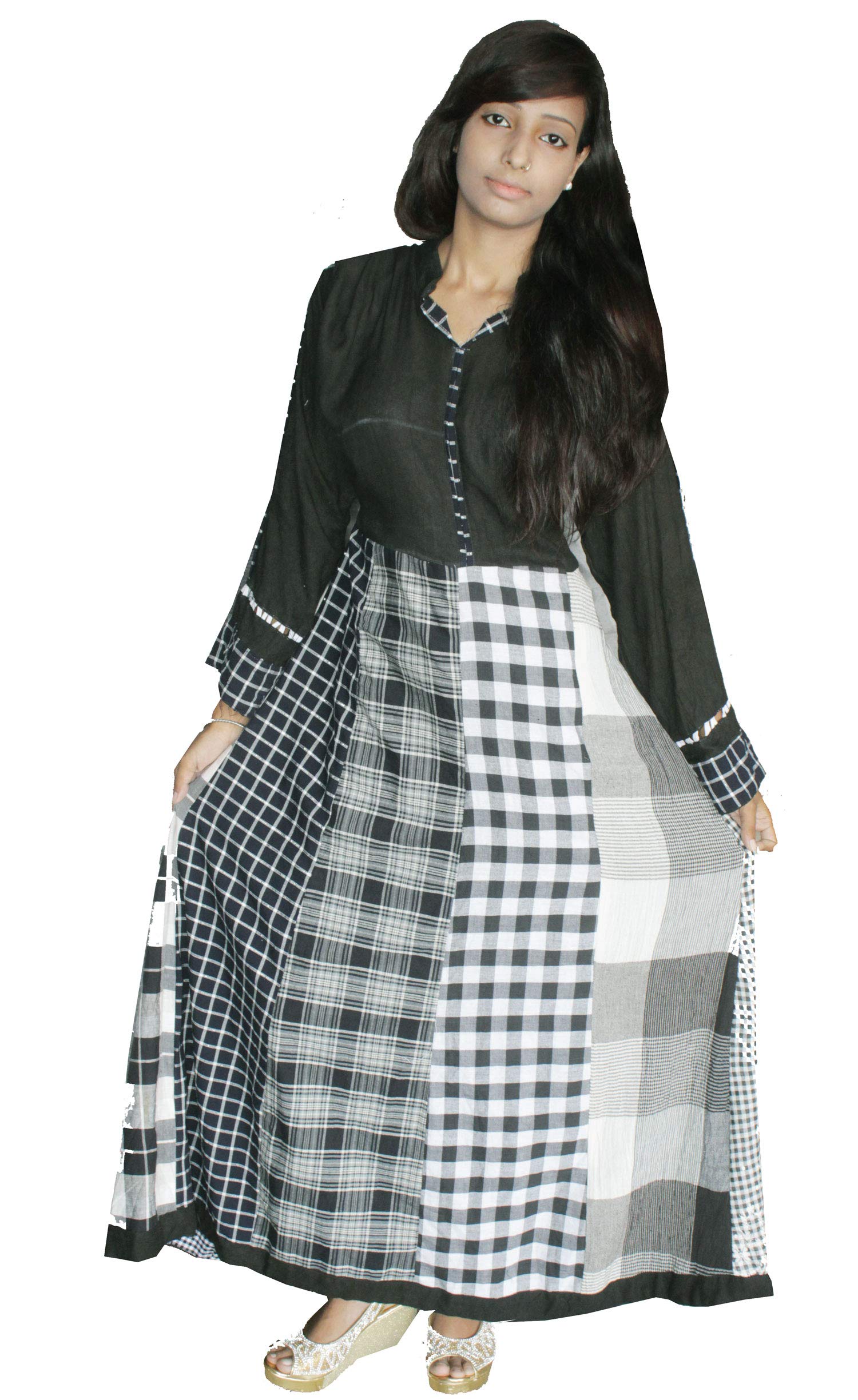 lakkar haveli Indian 100% Cotton Check Print Black Color Patch Work Dress Women Fashion Long Plus Size