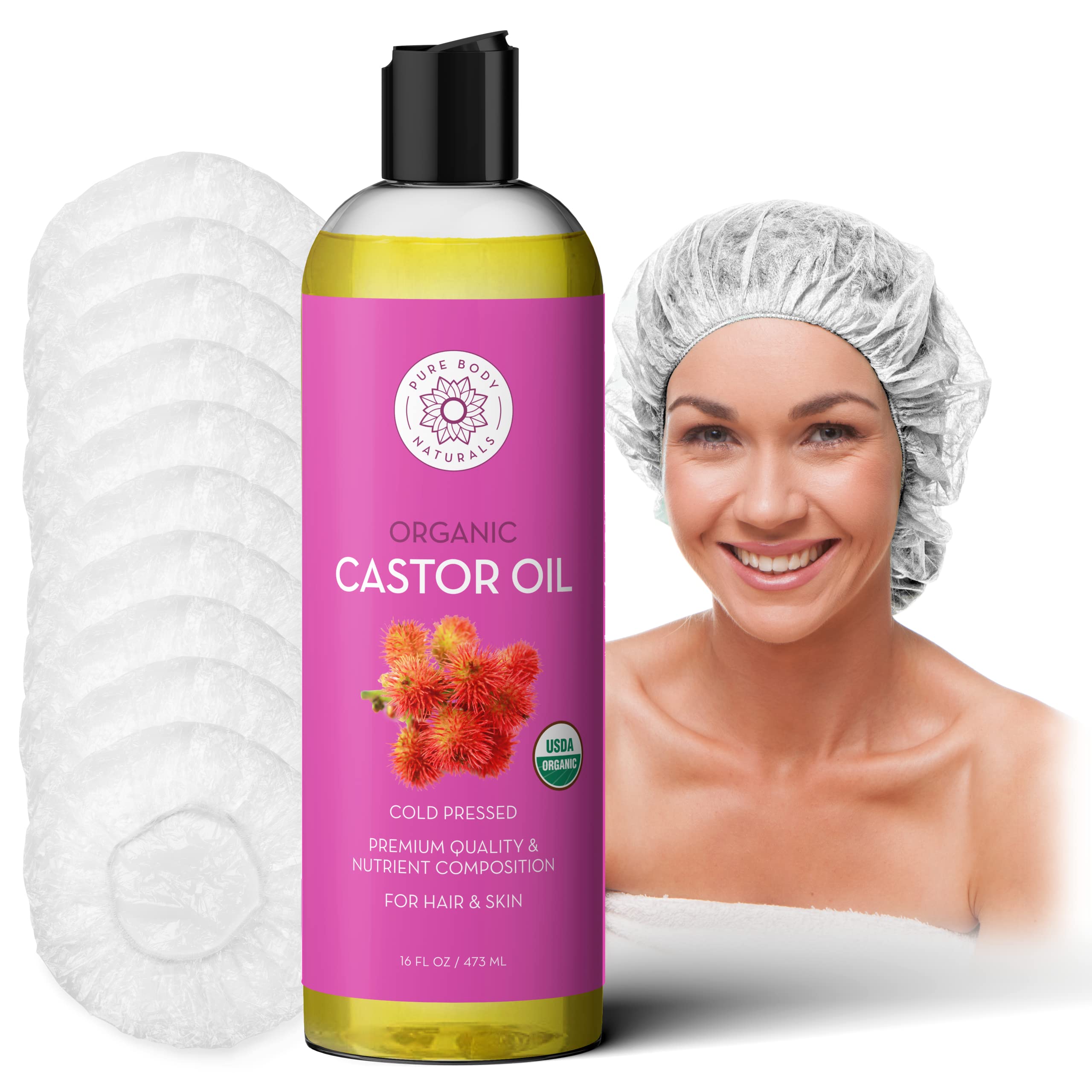 Pure Body Naturals Castor Oil for Hair Growth - includes Natural DIY Castor Oil Hair Mask Kit - for thicker, fuller hair in both men and women, 16 fl oz