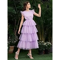 Women Dresses Ruffle Armhole Layered Hem Dobby Mesh Dress (Color : Lilac Purple, Size : Small)