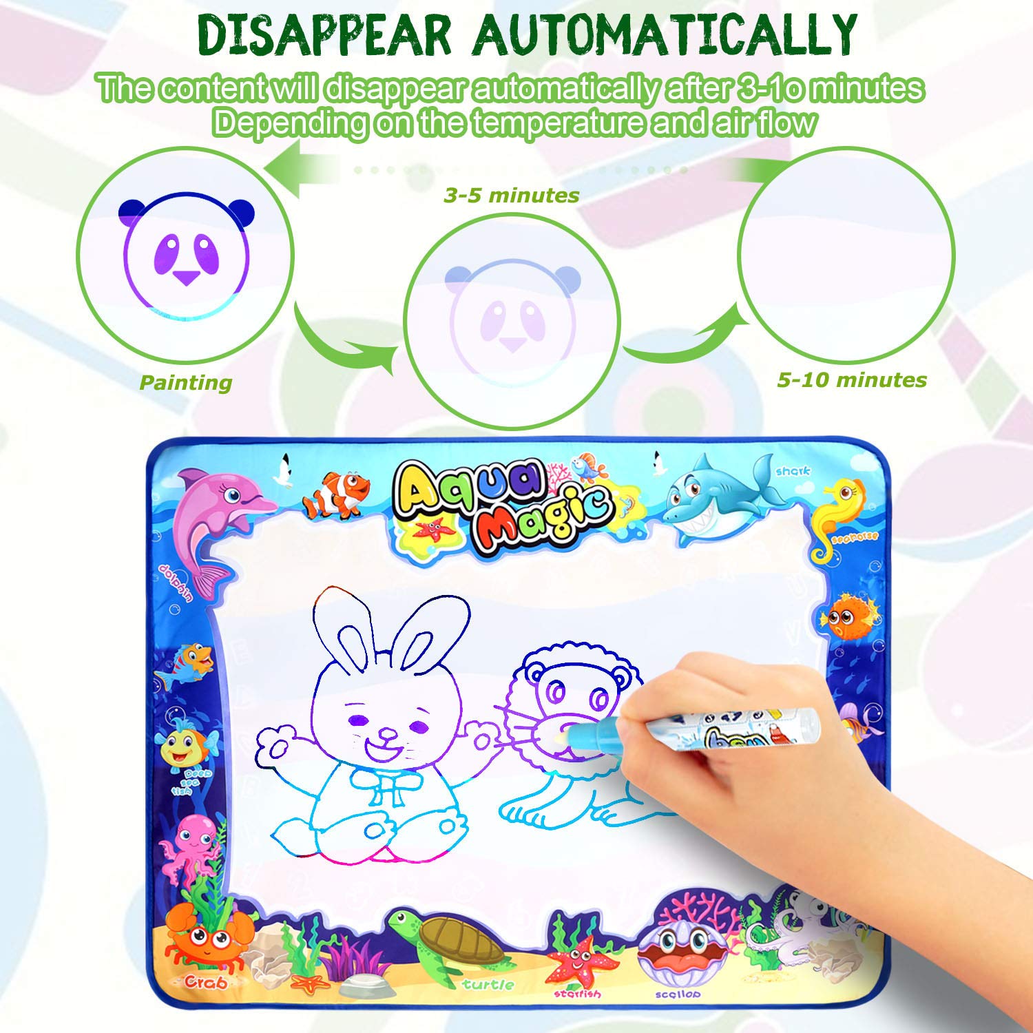 Adsoner Water Magic Mat, Aqua Drawing Magic Mat, Water Painting Doodle Mat with 4 Magic Pens Developmental Educational Toys for Toddlers Kids (40 X 32 Inches)