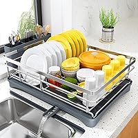 Dish Drying Rack for Kitchen Counter - Stainless Steel Dish Rack with Drainboard, Large Dish Drainer with Utensil Holder for Sink, Silver