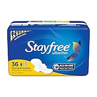 Stayfree Ultra Thin Regular Pads with Wings For Women, Reliable Protection and Absorbency of Feminine Moisture, Leaks and Periods, 36 count