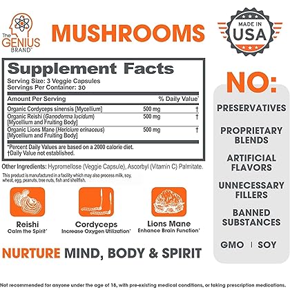 Genius Mushroom - Lions Mane, Cordyceps and Reishi - Immune System Booster & Nootropic Brain Supplement - for Natural Energy, Memory & Liver Support, 90 Veggie Pills