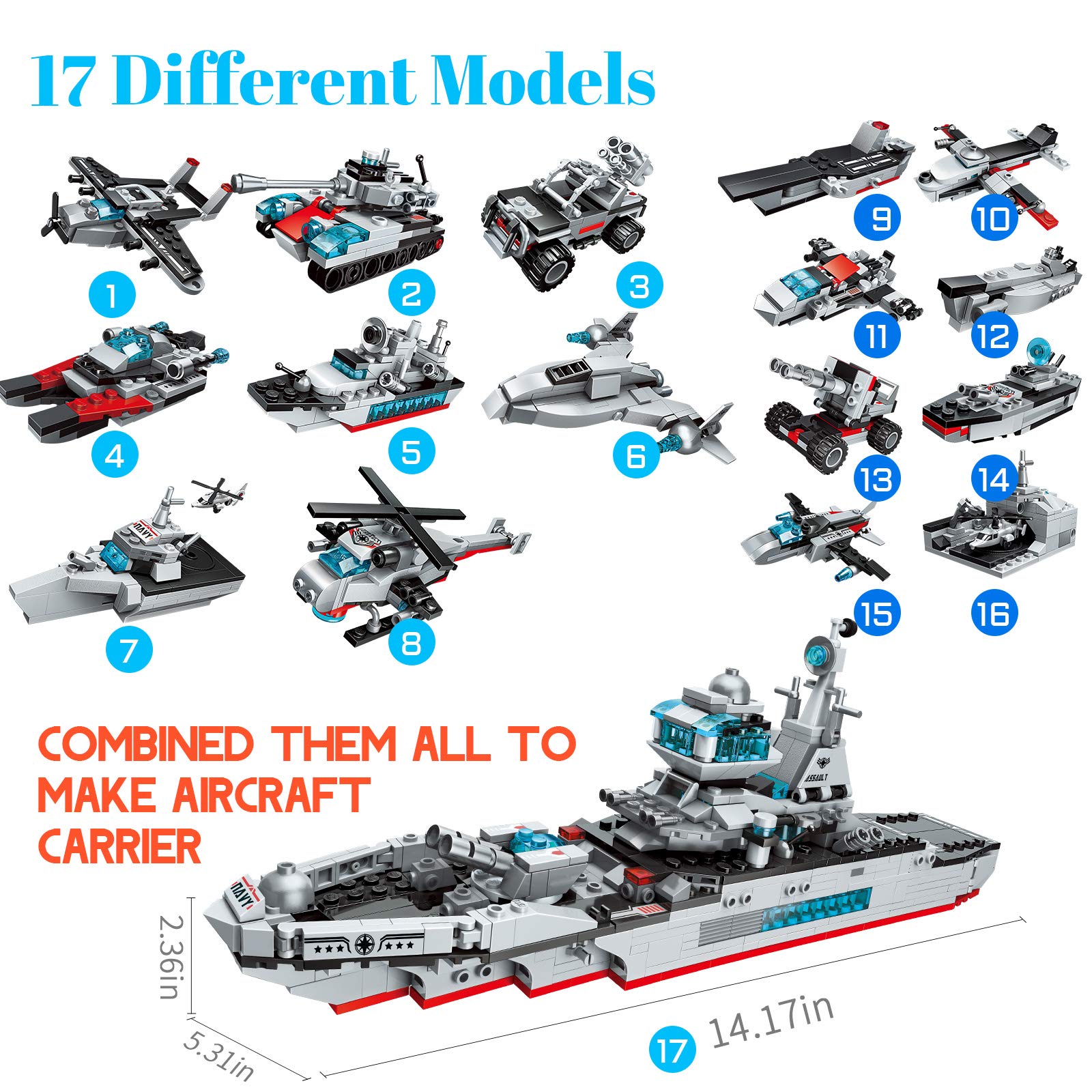 STEM Building Toys for Boys 6 7 8 Old, Gift for Adults and Kids Birthday, 700 PCS 17-in-1 Military Battleship Aircraft Carrier Toys for 9 10 11 12 Old Year Boys, Educational Toys for 6-10 Boys