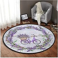 Bicycle Lavender Flowers Area Rug Round 3ft Purple Lilac Summer Board Circular Carpet Floor Mat Soft Non Skid for Living Room Dining Spring Holiday Decor Seasonal Washable