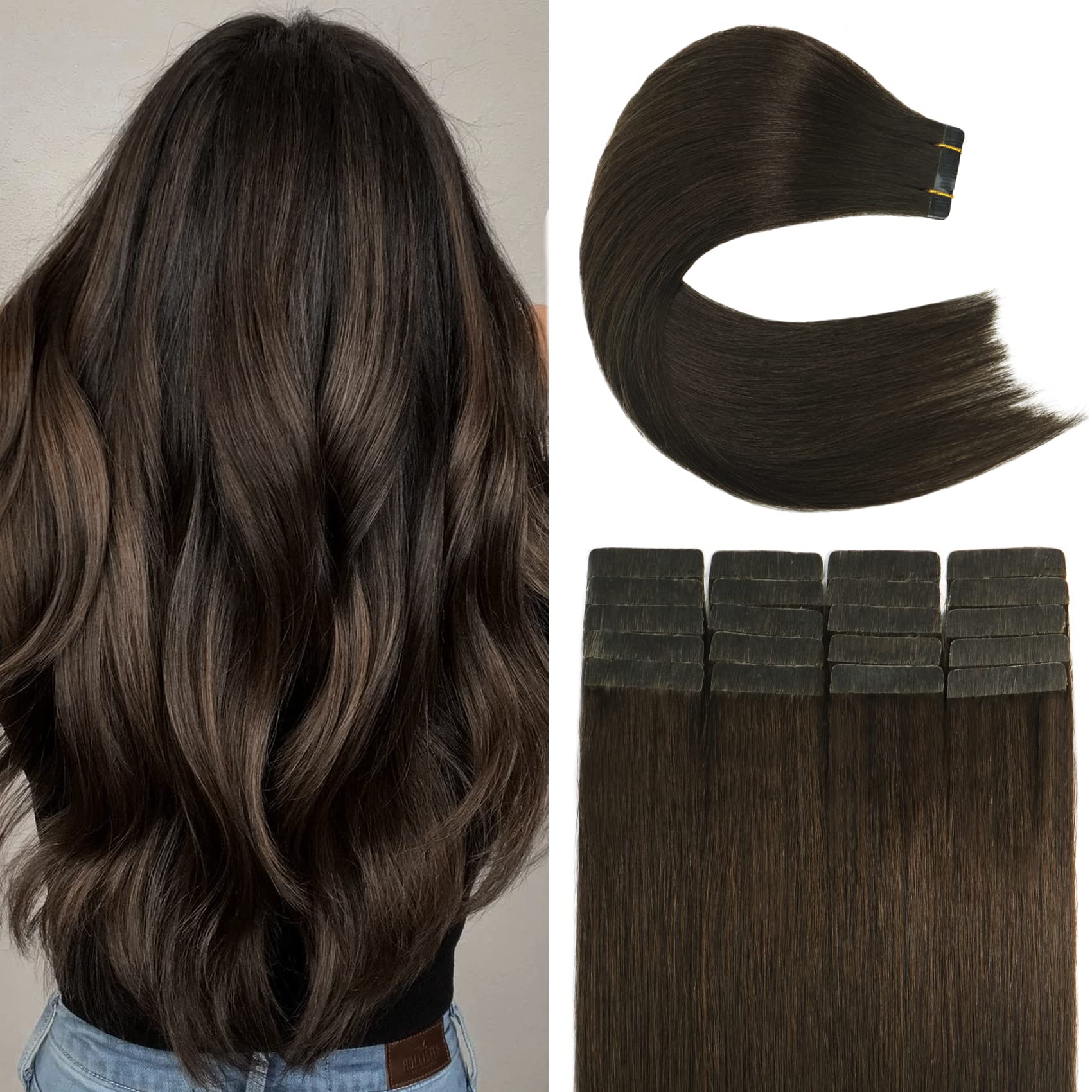 Mua 16 InTape in Hair Extensions Human Hair, Dark Brown Natural Thick Hair  Extensions, Made of Traceable Remy Human Silcky Hair and 8A Grade Quality  (Color Dark Brown, 16 Inch) trên Amazon