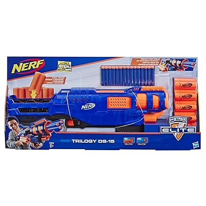 Trilogy DS-15 Nerf N-Strike Elite Toy Blaster with 15 Official Nerf Elite Darts and 5 Shells – for Children, Teens, Adults