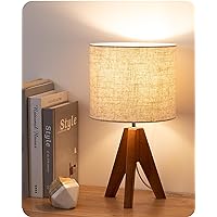 EDISHINE Tripod Table Lamp, Small Cute Bedside Lamp with Linen Beige Lampshade, Nightstand Lamp for Nursery, Bedroom, Kid Room, Living Room, Light Brown Wooden Base, E26 Socket, 14.2 Inch