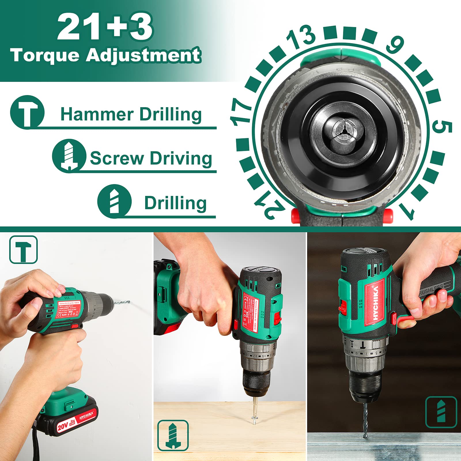 Cordless Drill 20V Max, HYCHIKA Brushless Drill Max Torque 530 In-lbs, 2.0 AH Battery 1H Fast Charger, 21+3 Torque Setting 1/2