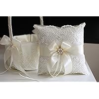 Three Baskets & ONE Pillow of Alex Emotions | Lace Collection | Ivory Wedding Ring Pillow & Flower Girl Basket Set