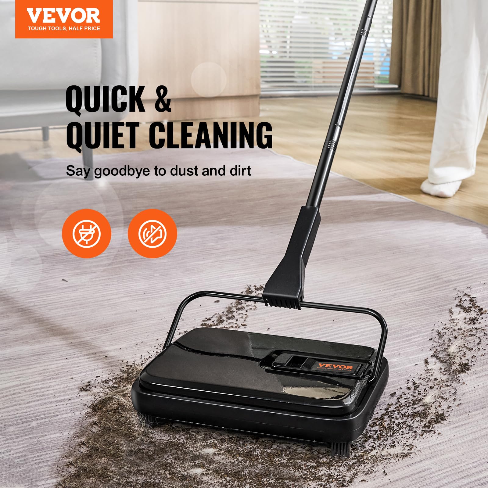 VEVOR Carpet, 7.87 in Sweeping Paths Sweeper Manual Non Electric, 300 ml Dustbin Capacity with Comb for Home Office Rugs Hardwood Surfaces Wood Floors Laminate, Cleans Dust Pet Hair, Black