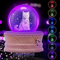 3D Crystal Ball Music Box, 7 Colors LED Projection Luminous Rotating Musical, Night Light with Wood Base for Kids Mother Wife Women Girls Valentine's Birthday Christmas Gifts (Cat and Apple)