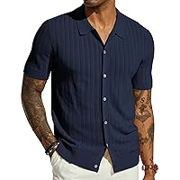 Mens Knit Shirt Short Sleeve Summer Hollow Out Shirt Beach Button Down Shirt