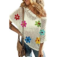 UONBOX Crochet Tops for Women Short Sleeve Sweater Casual Hollow Out Knit Pullover Floral T Shirt Cover Up