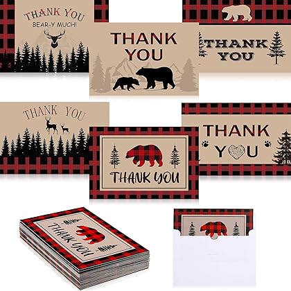 Xuniea Bear Lumberjack Thank You Cards with Envelopes Lumberjack Baby Shower Thank You Cards Woodland Baby Shower Thank You Notes Bear Themed Supplies Thank You Cards 6 x 4 Inch for Party Weeding (24)