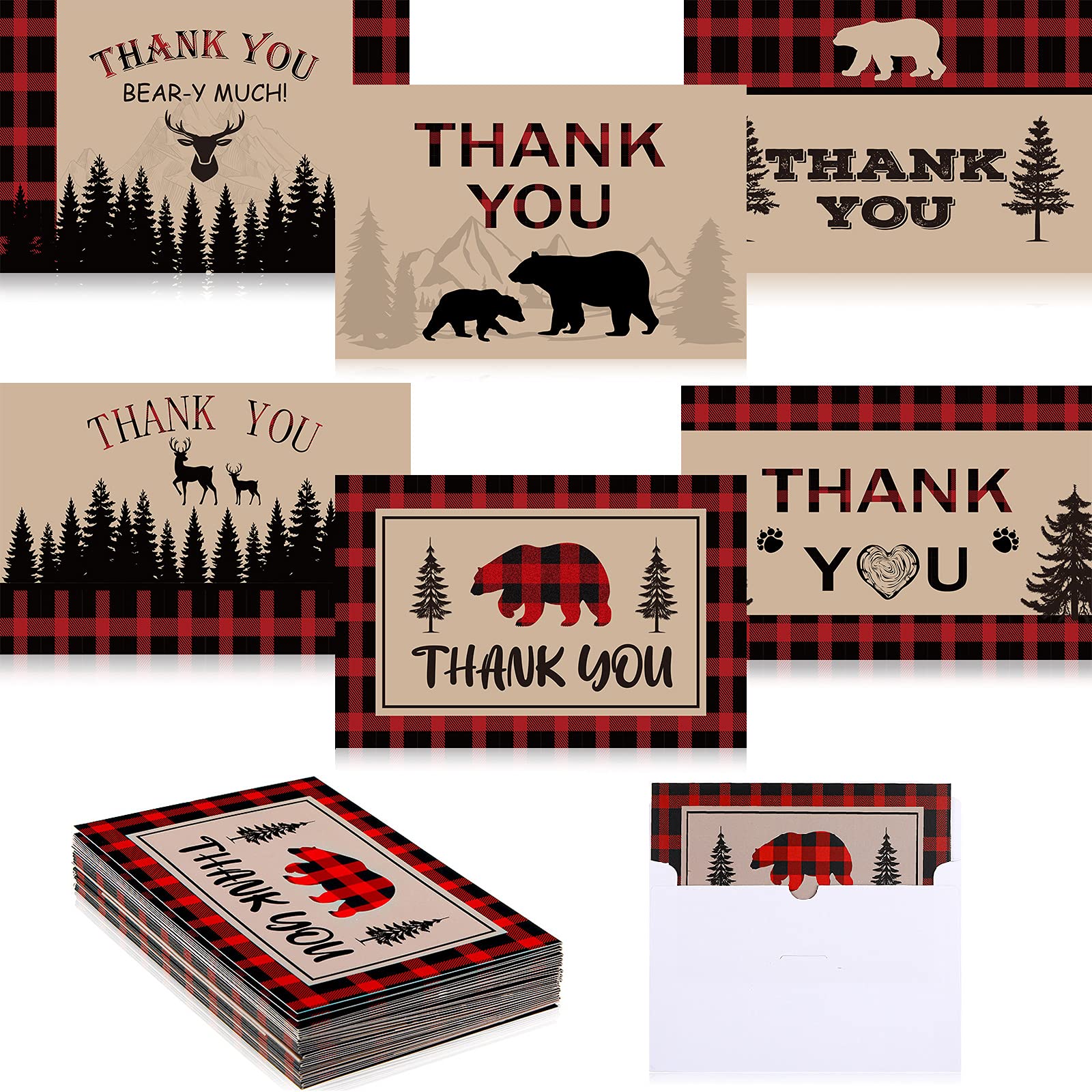 Bear Lumberjack Thank You Cards with Envelopes Lumberjack Baby Shower Thank You Cards Woodland Baby Shower Thank You Notes Bear Themed Supplies Thank You Cards 6 x 4 Inch for Party Weeding (24)