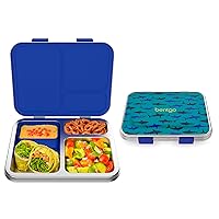 Bentgo® Kids Stainless Steel Prints Leak-Resistant Lunch Box - Bento-Style with Updated Latches, 3 Compartments & Bonus Container - Eco-Friendly, Dishwasher Safe, BPA-Free (Shark)