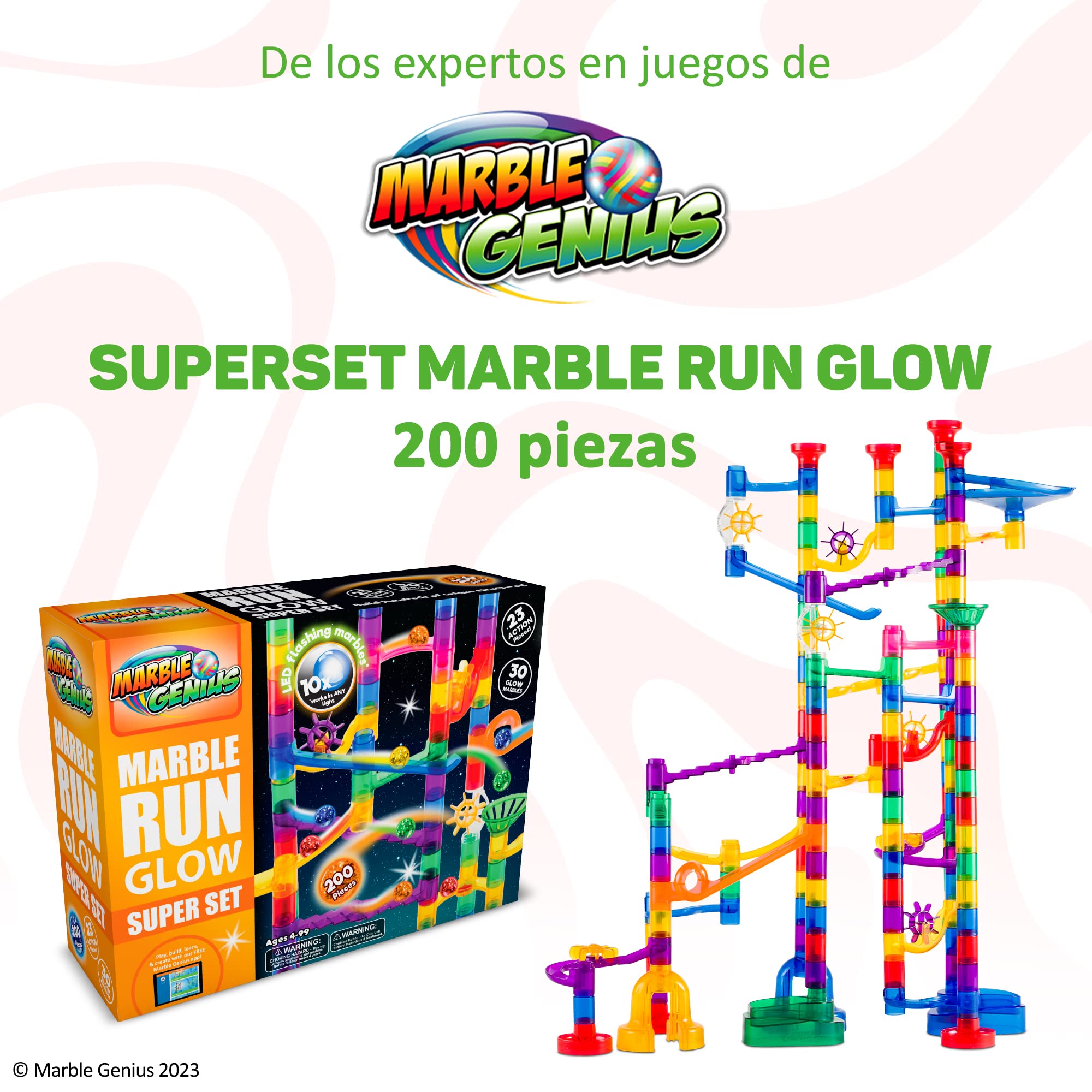 Marble Genius Marble Glow Run Race Track Set Glow in The Dark (200 pcs) STEM Educational Building Block Toy, Instruction App Access & Full Color Instruction Manual, Great Gift for Kids, Super Set