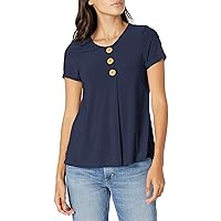 Star Vixen Women's Petite Short Sleeve Button Front Flowy Top with Pleated Detail, Navy, PM