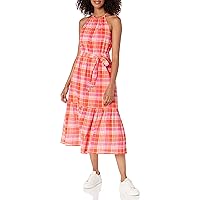 Tommy Hilfiger Women's Halter Neck Tie Waist Tiered Midi Dress, Grenadine/HOT Pink, 2