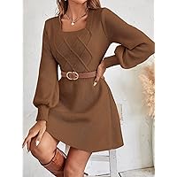 Sweater Dresses for Women Women's Sweater Dress Square Neck Lantern Sleeve Sweater Dress Without Belt Sweater Dresses (Color : Brown, Size : X-Small)