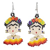 NOVICA Handmade Beaded Dangle Earrings on .925 Sterling Silver Hooks Glass Multicolor Mexico Cultural [2.7 in L x 1.2 in W x 0.1 in D] 'Frida in Red and Yellow'