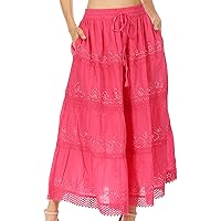 Sakkas Solid Embroidered Crochet Lace Trim Gypsy Bohemian Mid Length Cotton Skirt