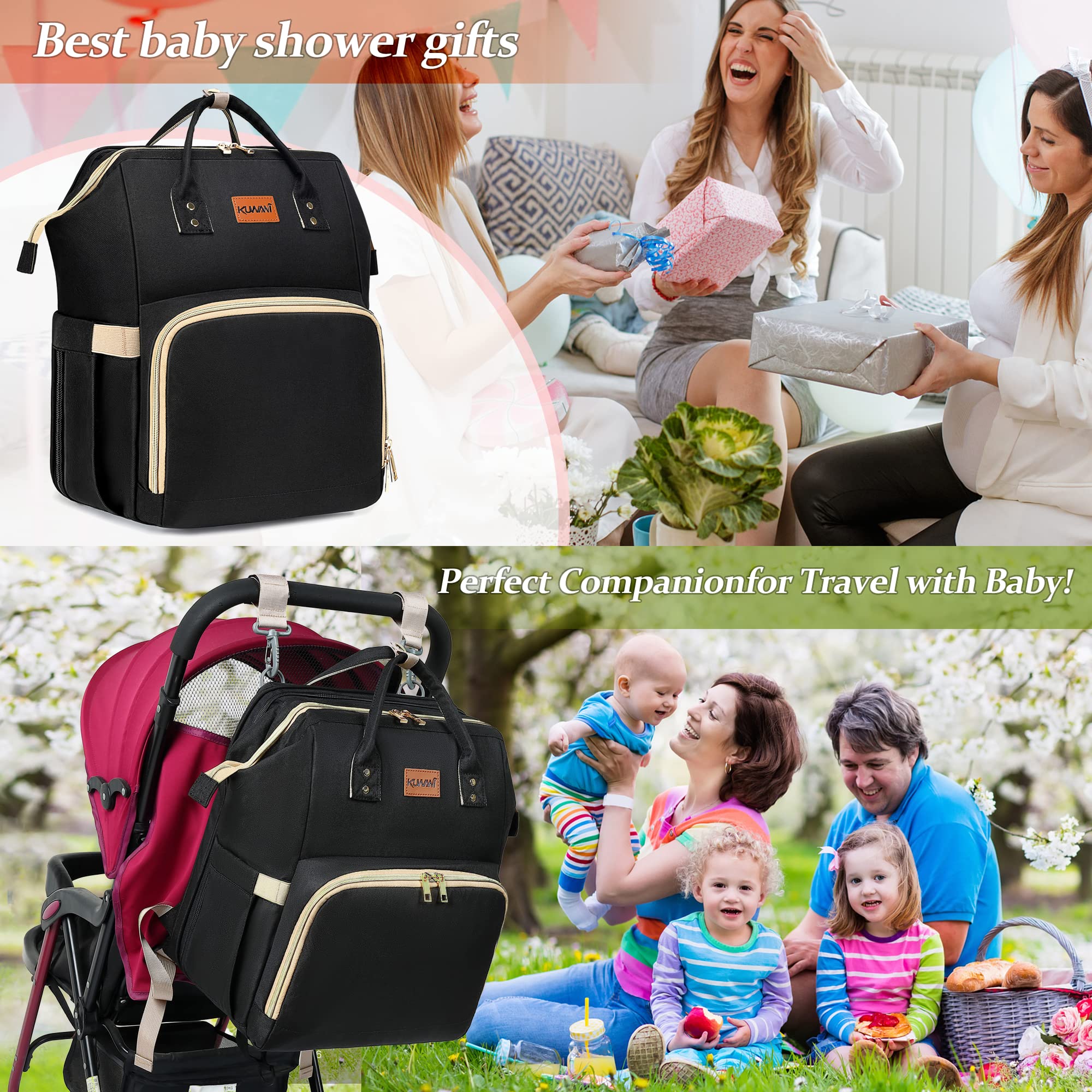 KUWANI Diaper Bag Backpack, Multifunction Travel Baby Changing Bags for Dad/Mom, Large Unisex Waterproof Diaper Backpack with Stroller Straps, Baby Registry Search(Black)