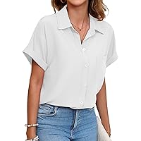 Womens Button Down Shirt Casual Short Sleeve Collared Work Blouse with Pocket