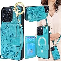 Lacass Compatible with MagSafe Case Wallet for iPhone 15 Pro 2023, Crossbody Leather Wallet Case with Card Holder Wrist Strap and Loop,Support Wireless Charging(Floral Blue Green)