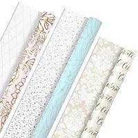Hallmark Wedding Wrapping Paper Rolls - Metallic & Pastel Gold Floral Gift Wrap Paper (Set of 3 Reversible Rolls: 75 sq. ft. ttl.) for Birthday, Baby Shower, Bridal Shower, All Occasion