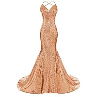 DYS Women's Sequins Mermaid Prom Dress Spaghetti Straps V Neck Backless Gowns Orange US 8