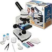 Dr. STEM Toys 39 Piece Microscope Kit for Kids with Top and Bottom Lights, Specimen Slides, 40X, 100X, and 400X Adjustable Lenses - for Kids and Schools (Ages 8+), White