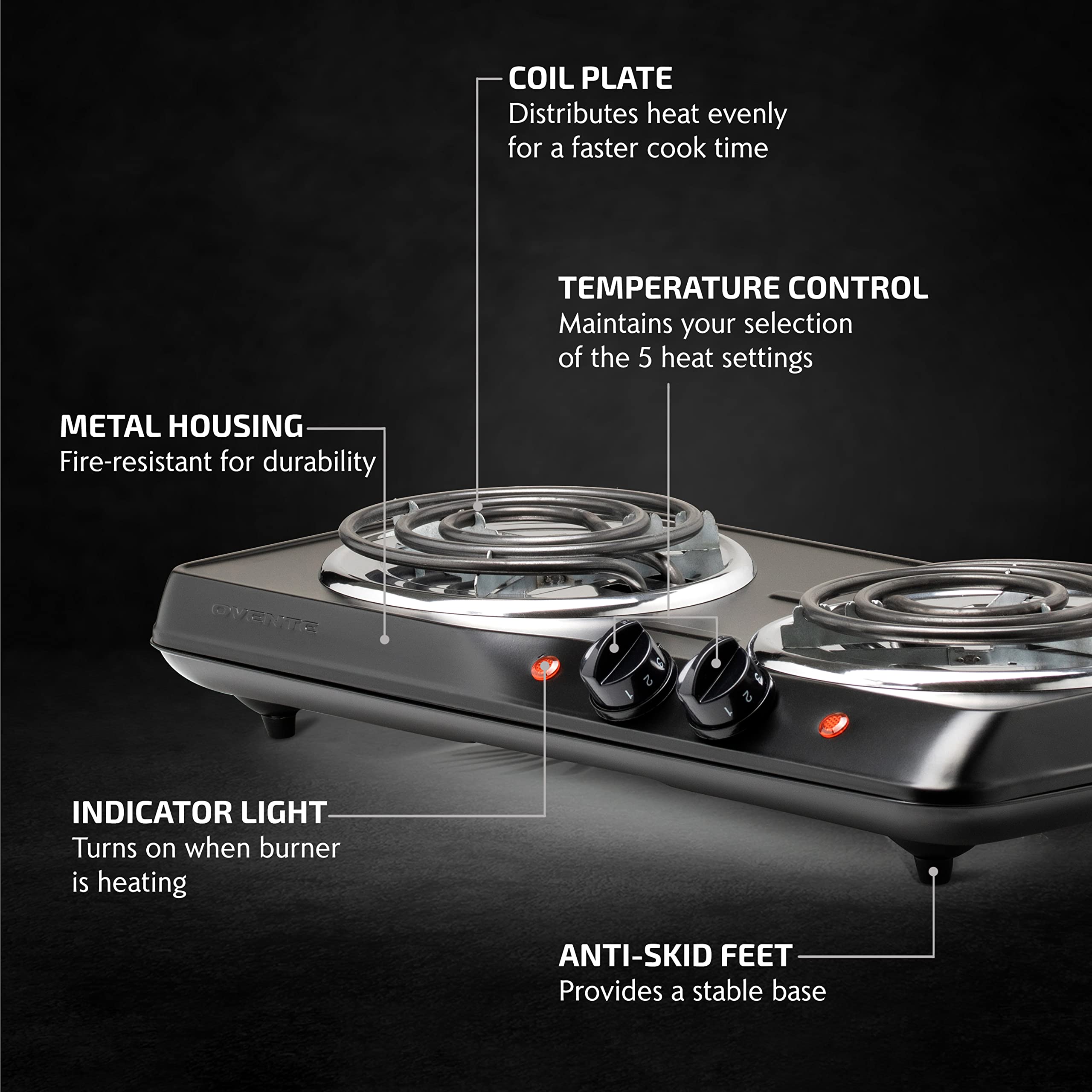 OVENTE Electric Double Coil Burner 6 & 5.75 Inch Hot Plate Cooktop with Temperature Control and Easy to Clean Stainless Steel Base, 1700W Portable Countertop Stove for Home or Dorm, Black BGC102B