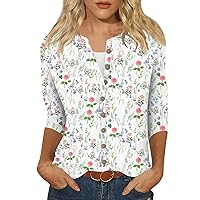 3/4 Sleeve Cardigan Womens Summer Top Button Down Casual Printed Crewneck Shirts Trendy 2024 Tees Blouse