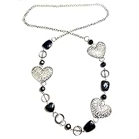 Black Beaded Silver Tone Hearts Long Necklace 34