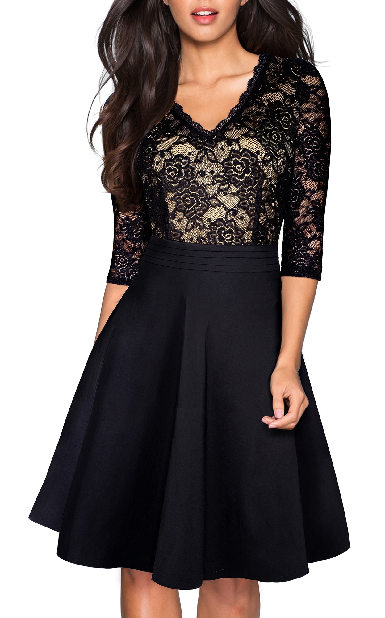 HOMEYEE Women's Chic V-Neck Lace Patchwork Flare Party Dress A062