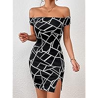 Dresses for Women Geo Print Off Shoulder Split Hem Dress (Color : Black, Size : X-Small)