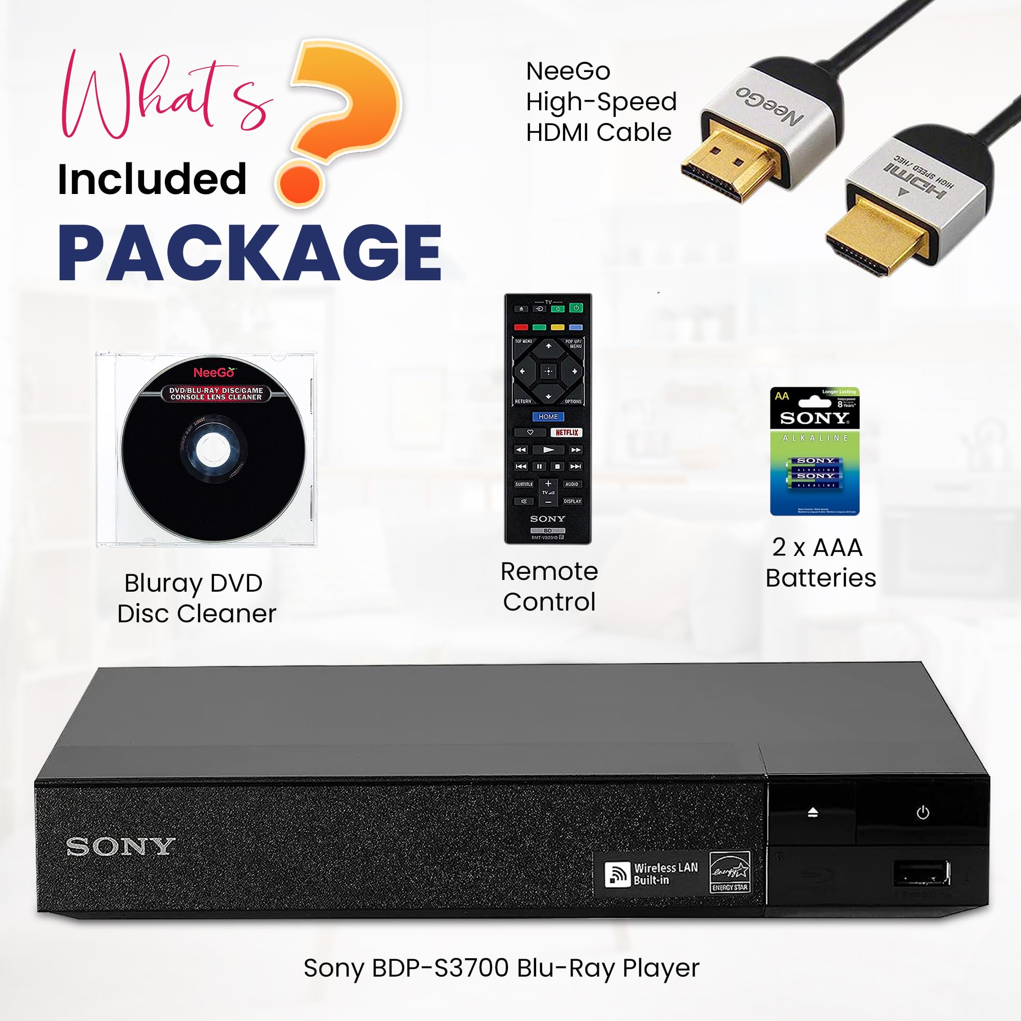 Sony BDP-BX370 / BDP-S3700 Blu-Ray Disc Player with Built-in Wi-Fi + Remote Control + NeeGo High-Speed HDMI Cable W/Ethernet NeeGo Lens Cleaner