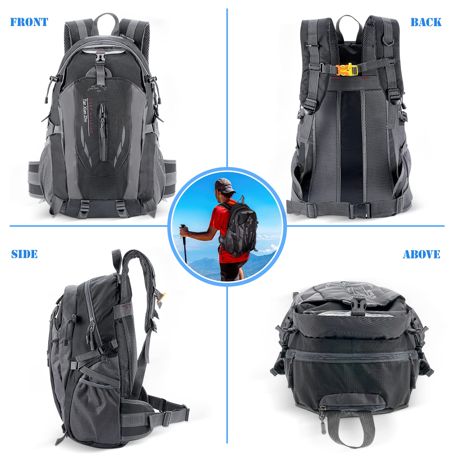 Number-one 40L Hiking Backpack Lightweight Breathable Hiking Daypack for Men Women Durable Waterproof Rucksack Outdoor Sport Travel Bag for Camping Cycling Skiing Climbing Trekking Mountaineer (Black)