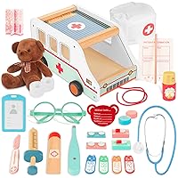 Wooden Doctor Kit for Kids, 37pcs Pretend Play Medical Kit with Ambulance Toy & Plush Bear, Imagination Doctor Role Play Set for Boys Girls Age 3 4 5 6 7