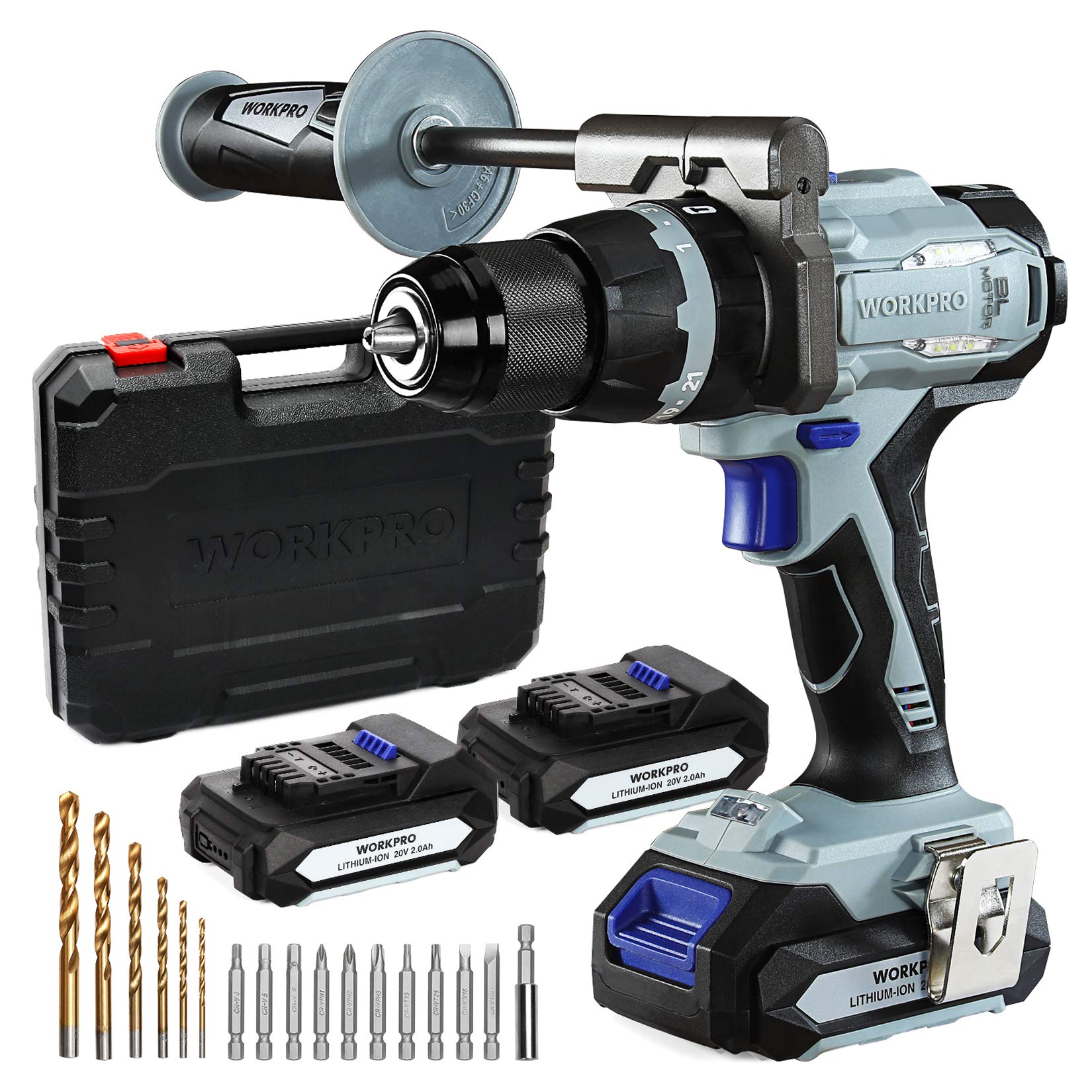 WORKPRO 20V Brushless Cordless Drill, with 2 Batteries(2.0 Ah) and Auxiliary Handle, 487 IN-LBS 21+3 Torque Setting, 1/2” Chuck, 21 Pieces Drill Driver Kit with Hard Carrying Case
